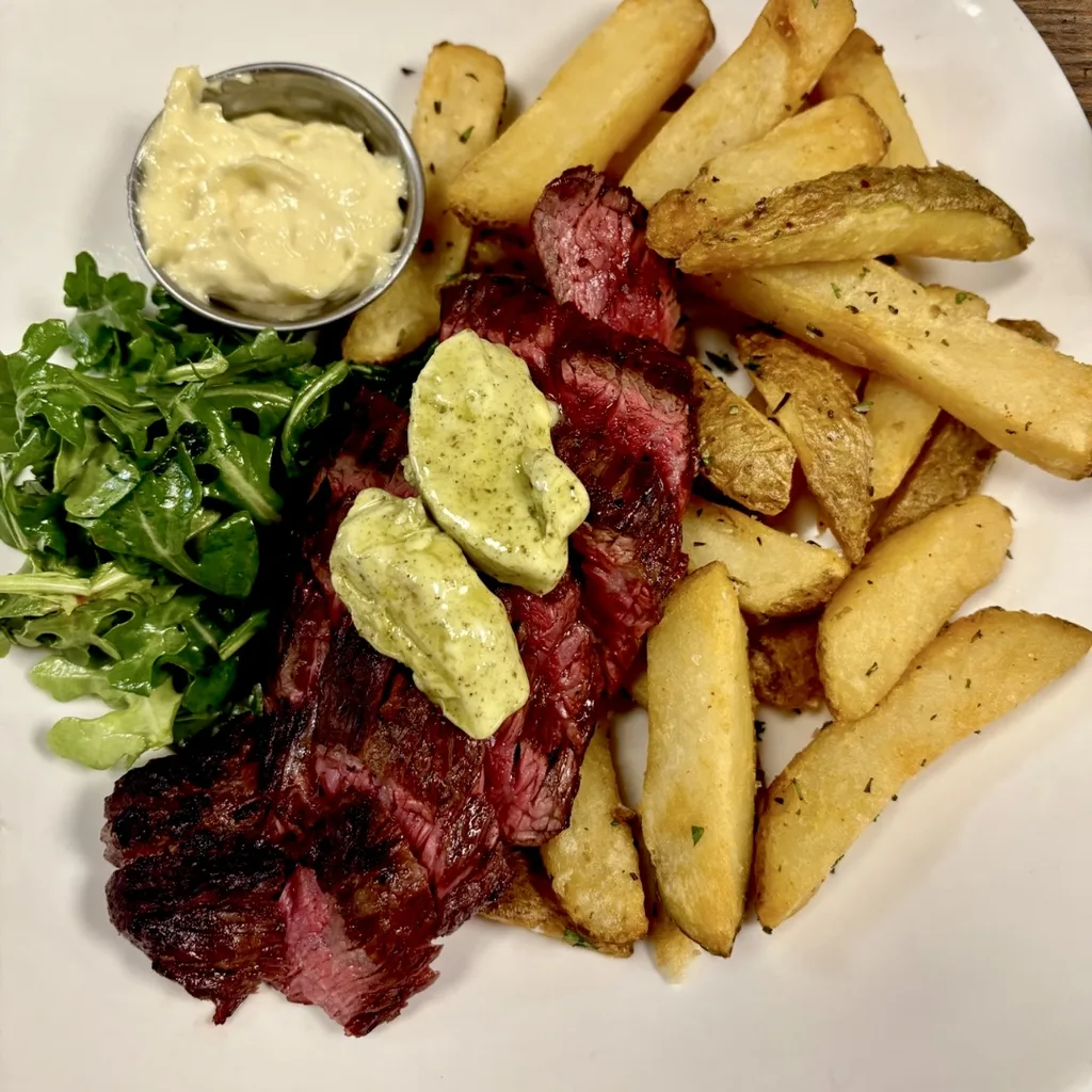 Steak frites with arugula salad